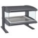 A black and silver countertop display cabinet with a single shelf.