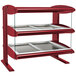 A red and silver metal shelf with two heated shelves.