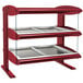A red and silver Hatco countertop display rack with heated shelves.