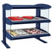 A navy blue Hatco countertop heated zone merchandiser with food on shelves.