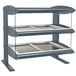 A grey metal Hatco countertop heated zone merchandiser with silver shelves.