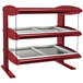 A red and silver metal Hatco countertop heated display shelf with glass shelves.