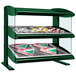 A Hunter green Hatco countertop heated double shelf food display case with food on it.