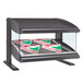 A gray Hatco countertop heated zone merchandiser with pizza boxes inside.