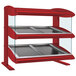 A red Hatco countertop heated zone merchandiser with two slanted glass shelves.