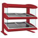 A red Hatco countertop heated zone merchandiser with slanted glass shelves.