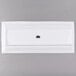 A white rectangular plate with a ridged edge and a black logo on the bottom.
