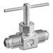 A Bunn stainless steel needle valve with a handle.