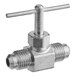 A Bunn stainless steel needle valve with a handle.