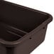 A dark brown Cambro polyethylene bus tub with a ribbed bottom.