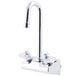 A silver Equip by T&S wall mounted faucet with gooseneck spout and lever handles.