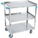 A Lakeside stainless steel utility cart with three shelves.