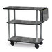 A grey Geneva rectangular laminate tableside service cart with a shelf.