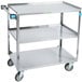 A stainless steel Lakeside utility cart with three shelves and wheels.