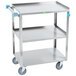 A Lakeside stainless steel utility cart with three shelves and blue handles.