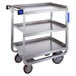 A Lakeside stainless steel utility cart with three shelves and wheels.