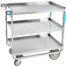 A Lakeside stainless steel utility cart with three shelves.