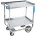 A Lakeside stainless steel utility cart with two shelves and wheels.