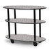 A three tiered oval laminate serving cart with wheels.