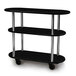 A black three tier Geneva serving cart on wheels.