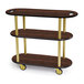 A three tiered mahogany wood serving cart on wheels.