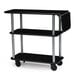 A black rectangular Geneva serving cart with three shelves and wheels.