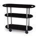 A black Geneva 3 shelf serving cart with wheels.