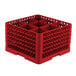 A red plastic Vollrath Traex glass rack with nine compartments.