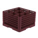 A Vollrath burgundy plastic glass rack with 9 compartments.