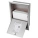 A stainless steel Bobrick paper towel dispenser with a stack of white paper towels.