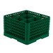 A green plastic Vollrath Traex glass rack with 9 compartments.