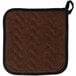 A brown pot holder with black trim.