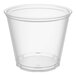A clear 9 oz. plastic squat cold cup.