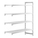 A white plastic shelving unit with four shelves.