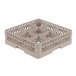A beige Vollrath Traex glass rack with nine compartments.