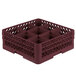 A burgundy Vollrath glass rack with 9 compartments.