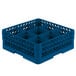 A Vollrath blue plastic glass rack with six compartments.