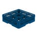 A blue plastic Vollrath Traex glass rack with nine compartments.