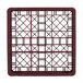 A burgundy plastic Vollrath glass rack with square compartments.