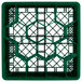 A green plastic Vollrath Traex glass rack with 12 compartments and a grid pattern.