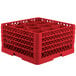 A red plastic Vollrath Traex rack with 12 compartments for glasses.