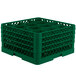 A green plastic Vollrath Traex glass rack with 12 compartments.