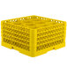 A yellow Vollrath Traex glass rack with 12 compartments.