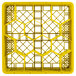 A yellow Vollrath Traex glass rack with 12 compartments and an open rack extender on top.