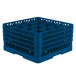 A Vollrath blue plastic glass rack with 16 compartments.