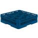 A Vollrath Traex blue plastic glass rack with 12 compartments.