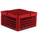 A red Vollrath Traex glass rack with 16 compartments and a handle.