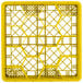A yellow plastic Vollrath TR18JJ Traex glass rack with compartments and a grid pattern.