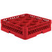 A red Vollrath Traex glass rack with 12 compartments.