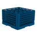A blue plastic full-size glass rack with 16 compartments for holding glasses.